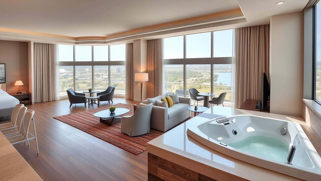 Spacious resort suite interior showing open-concept living area with contemporary furniture, panoramic windows, and corner positioning of a whirlpool tub, professional hospitality design