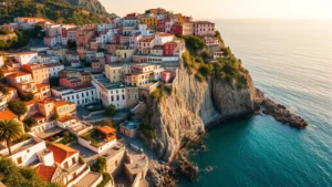 Aerial view of colorful Mediterranean village cascading down steep cliffs toward turquoise sea, white villas stacked vertically, lush vegetation between buildings, golden afternoon sunlight