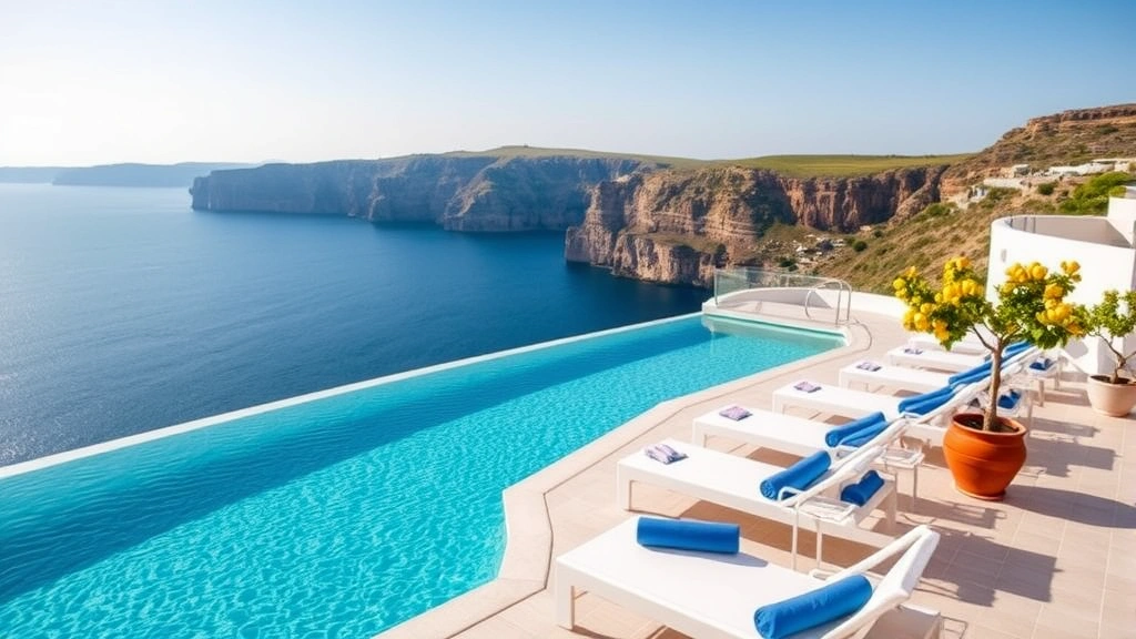 Elegant hotel terraced infinity pool overlooking crystalline blue Mediterranean waters, white loungers with blue cushions, lemon trees in terracotta pots, dramatic cliff landscape backdrop