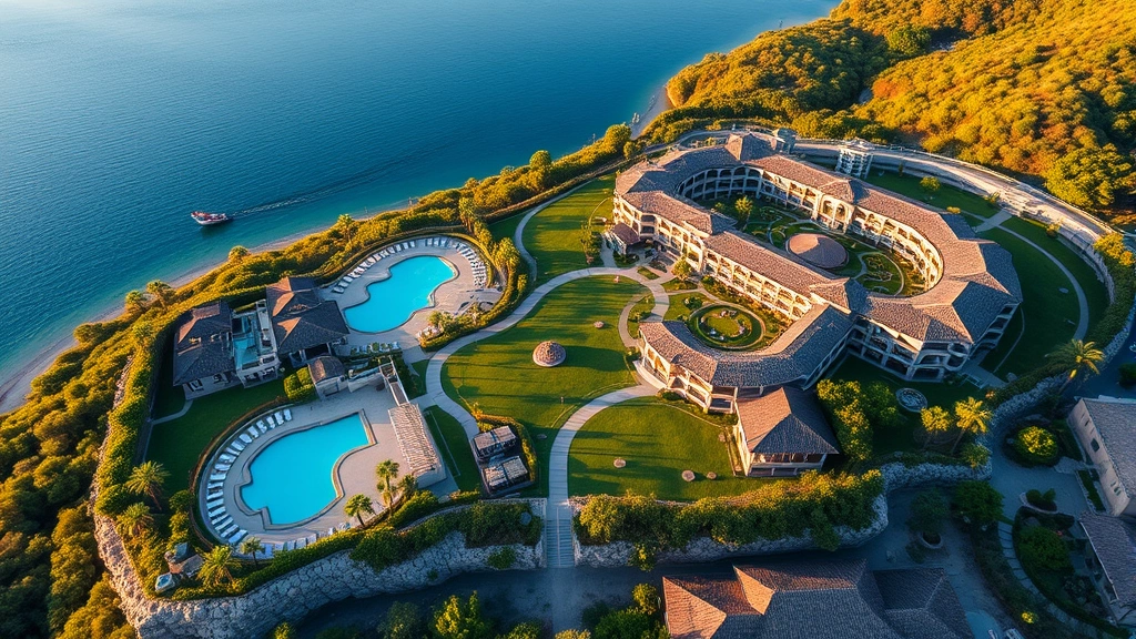 Aerial view of resort property showing pool area, landscaped grounds, and guest accommodations surrounded by natural scenery