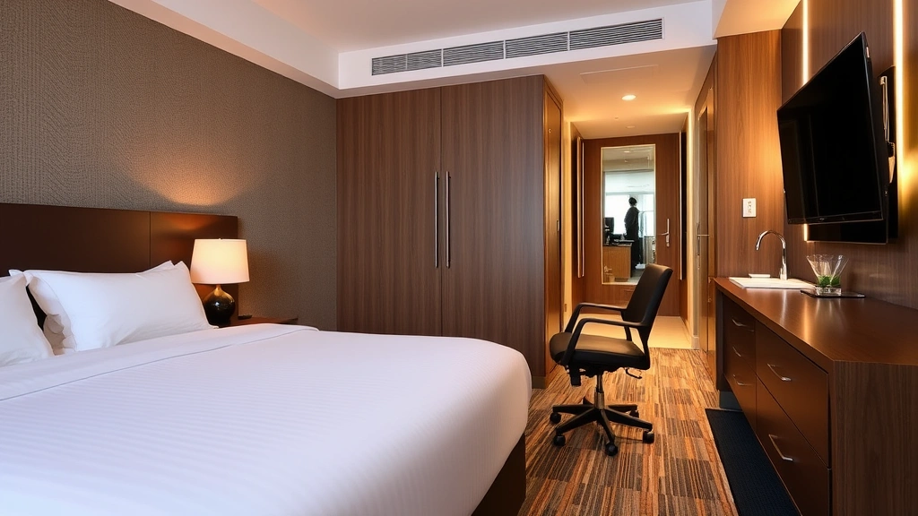 Close-up of hotel room amenities including premium bedding, work desk with ergonomic chair, modern bathroom fixtures, and ambient lighting