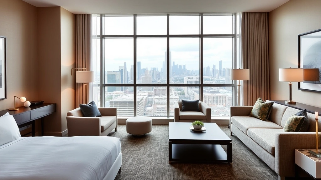 Modern hotel two-bedroom suite living room with comfortable seating, neutral decor, large windows overlooking city skyline, contemporary furniture and soft lighting
