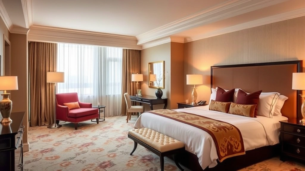 Spacious hotel suite master bedroom with king bed, elegant bedding, reading chair by window, warm ambient lighting, and luxurious furnishings