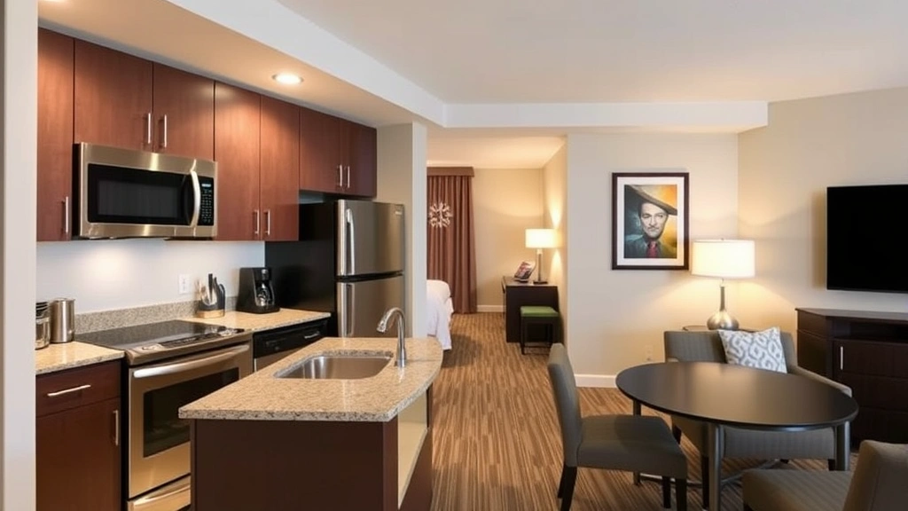 Hotel suite kitchenette area with stainless steel appliances, granite countertops, bar seating, modern cabinetry, and open floor plan connecting to living space