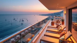 Luxury modern hotel balcony overlooking coastal ocean with comfortable lounge chairs and glass railings at sunset, Mediterranean style architecture