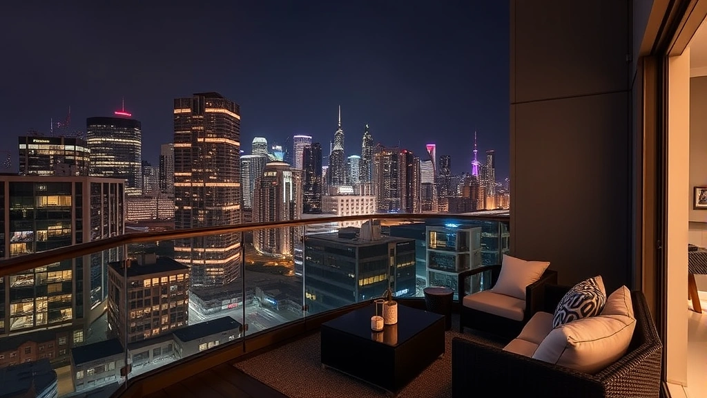 Contemporary apartment balcony with city skyline views at night, illuminated buildings in background, modern furniture and ambient lighting