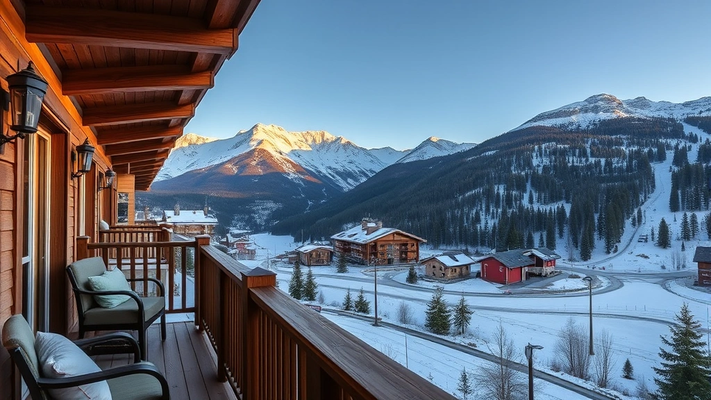 Mountain resort balcony view with snow-capped peaks, alpine landscape, wooden railings, cozy seating area during golden hour