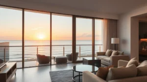 Modern hotel room with spacious glass balcony overlooking coastal ocean view at sunset, contemporary furniture with cushioned seating, natural lighting, photorealistic residential setting