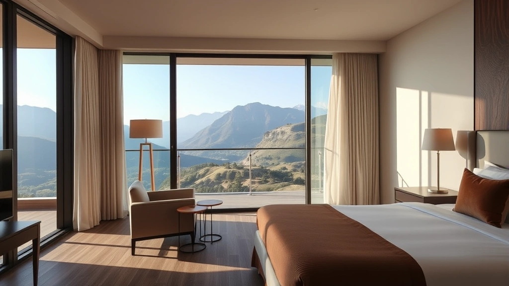 Boutique hotel room interior transitioning to private balcony space, floor-to-ceiling windows, minimalist furniture, mountain valley landscape view, serene peaceful atmosphere