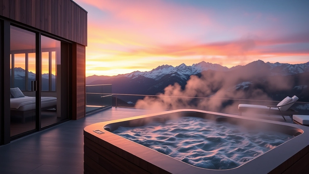 Modern luxury hotel suite with private outdoor hot tub overlooking snow-capped mountain peaks at sunset, steam rising from water, contemporary minimalist design with wooden accents