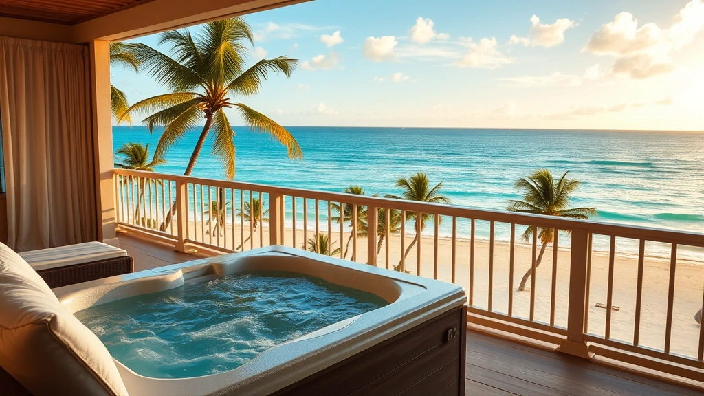 Beachfront resort room with oceanview hot tub on private balcony, turquoise tropical waters visible in background, palm trees swaying, golden hour lighting