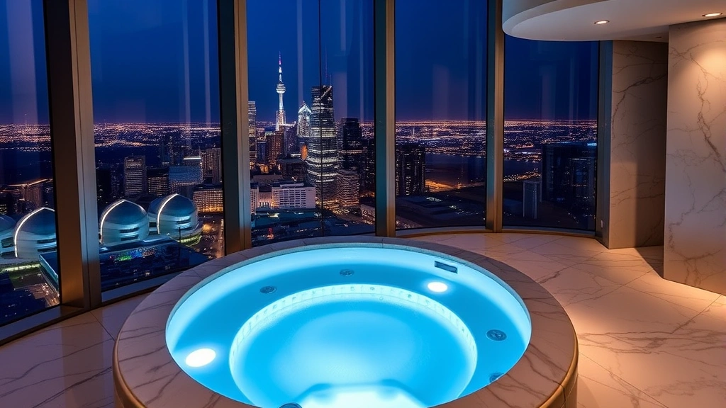 Urban high-rise hotel penthouse with illuminated indoor hot tub, floor-to-ceiling windows showcasing city skyline at night, modern spa-like ambiance with marble finishes