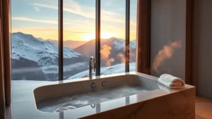 Modern luxury hotel bedroom with large marble soaking tub positioned by floor-to-ceiling windows overlooking snow-covered mountains at sunset, steam rising from water, plush white towels nearby