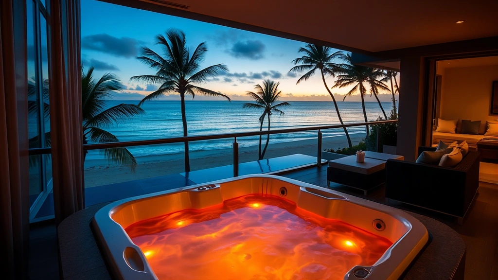 Contemporary resort suite featuring heated outdoor hot tub on private balcony overlooking tropical ocean and palm trees, comfortable lounge seating visible, warm ambient lighting at dusk