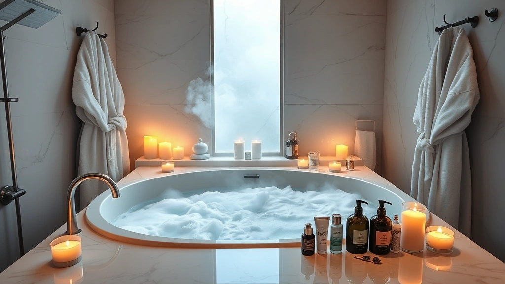 Upscale spa bathroom with elegant deep soaking tub filled with steaming water, candles burning around perimeter, spa robes hanging on hooks, premium toiletries arranged on marble surface