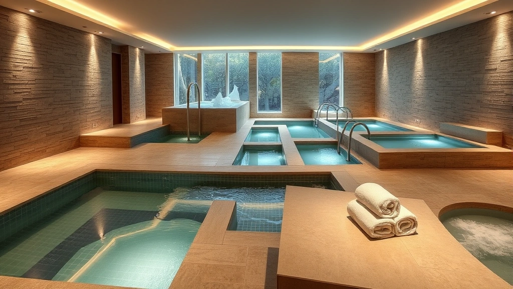 Luxurious indoor spa area with multiple soaking pools at different levels, natural stone finishes, soft ambient lighting, spa towels folded neatly on benches, modern wellness facility interior design