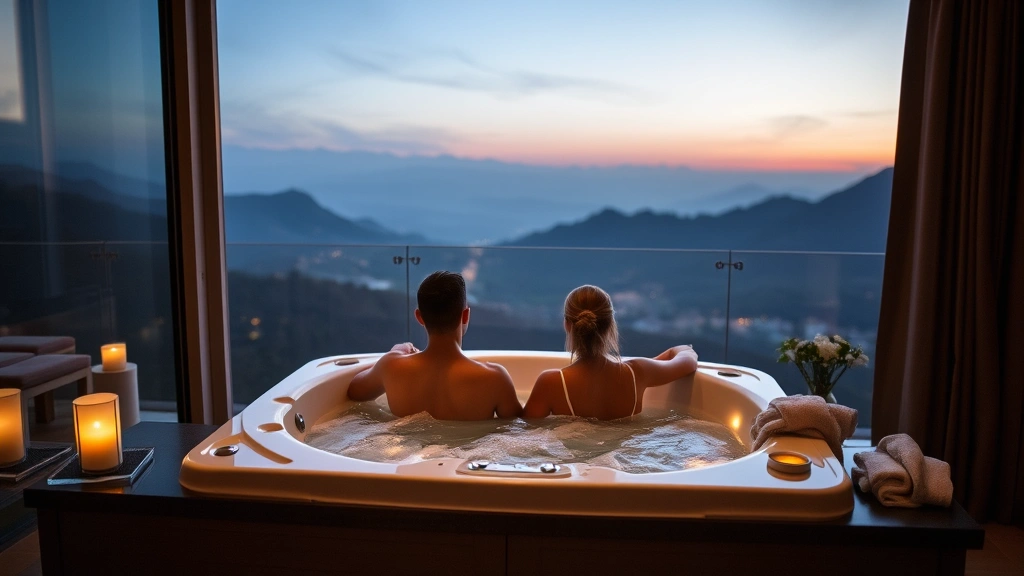 Couple relaxing in private in-room jacuzzi on a balcony overlooking mountains or landscape, evening ambiance with soft lighting, robes and towels nearby, romantic retreat setting