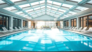 Modern heated indoor swimming pool with skylights, crystal-clear blue water, white lounge chairs surrounding the deck, contemporary hotel architecture visible, steam rising from warm water surface, no people visible, daytime lighting through glass ceiling panels, professional hospitality setting