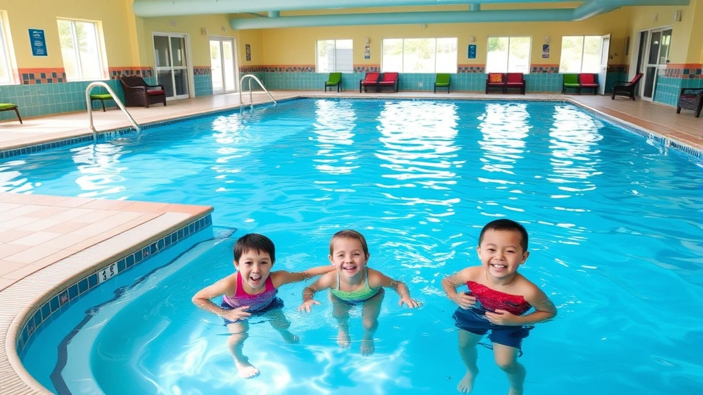 Family-friendly indoor pool area with shallow children's zone, deeper recreational section, bright cheerful environment with safety railings, colorful tiles, natural light from windows, lounge seating for parents, clean professional appearance, welcoming hospitality design, no people or identifying markers visible