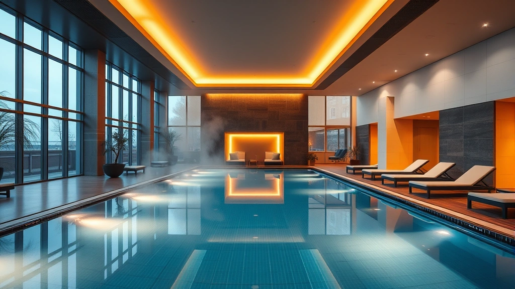 Modern luxury hotel indoor swimming pool with warm lighting, floor-to-ceiling windows, steam rising from heated water, clean blue tiles, and comfortable lounge seating around the perimeter