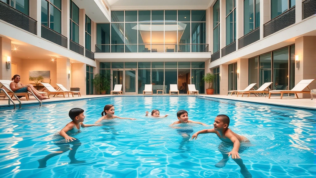 Family enjoying indoor hotel pool with children playing in shallow end, parents relaxing poolside on loungers, underwater jets visible, bright overhead lighting, and contemporary architecture