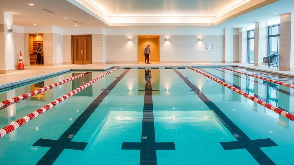 Upscale indoor pool facility featuring lap lanes with lane dividers, heated hot tub adjacent, sauna entrance visible, professional maintenance staff in background, pristine water conditions, and spa-like ambiance