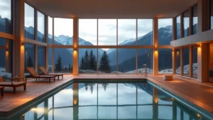 Modern heated indoor swimming pool with floor-to-ceiling windows showing mountain views, comfortable lounge chairs beside pool, warm ambient lighting, no people visible, resort-quality facility