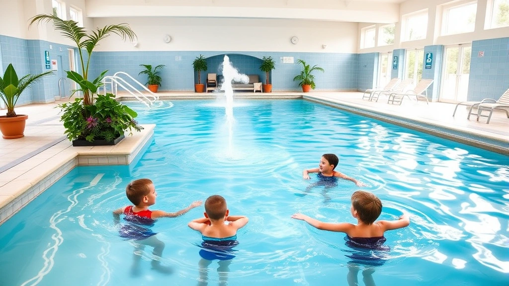 Family-friendly indoor pool area with shallow children's section, zero-entry design, tropical plants, warm water steam rising, clean deck area, bright natural lighting, safe and welcoming atmosphere