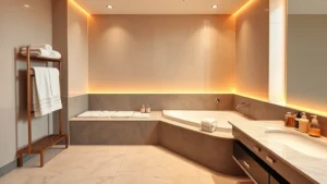 Luxurious modern bathroom with large jacuzzi tub, warm ambient lighting, fluffy white towels on heated rack, spa products on marble countertop, no text or signage visible