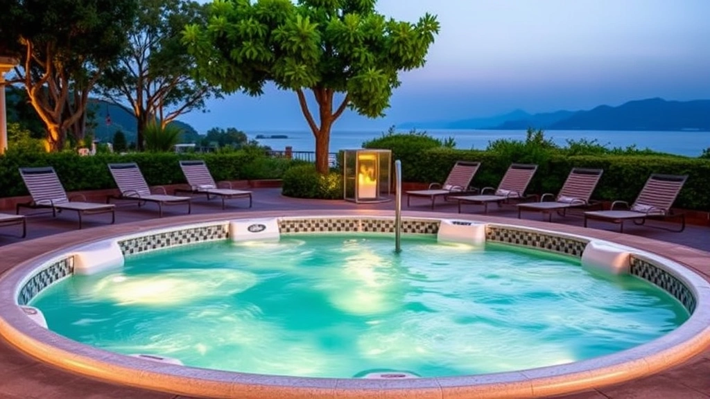 Outdoor resort jacuzzi surrounded by lounge chairs and lush greenery, evening lighting, clear water with visible jets, mountain or ocean view in background, no text