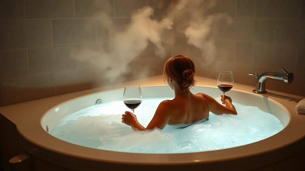 Couple relaxing in private hotel jacuzzi with steam rising, soft mood lighting, wine glasses on edge, serene spa-like atmosphere, bathroom tiles and fixtures visible, no signage