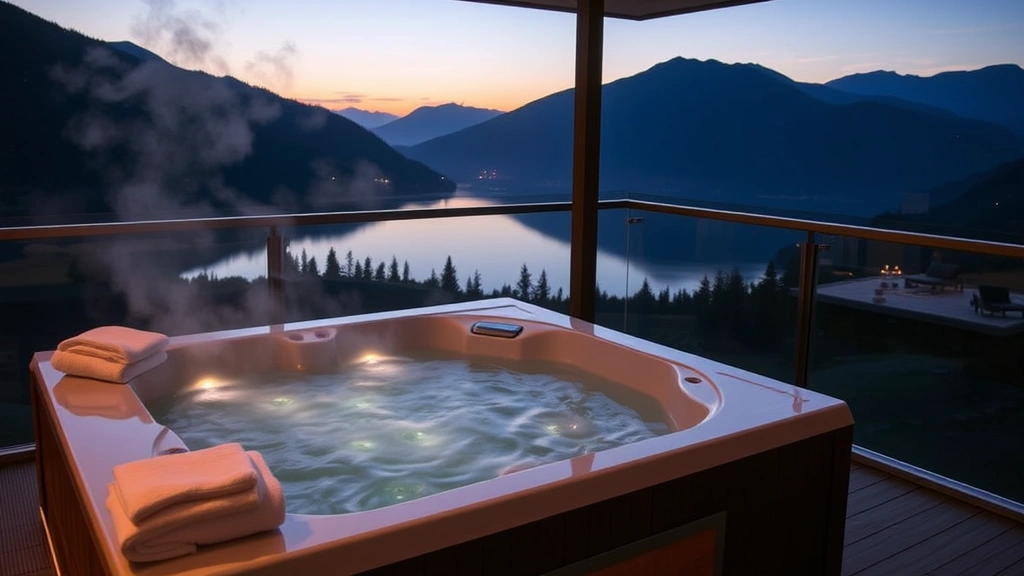 Elegant in-room hot tub on private balcony overlooking mountain landscape, steam rising from water, white plush towels nearby, evening twilight setting with warm interior lighting reflecting on still water surface