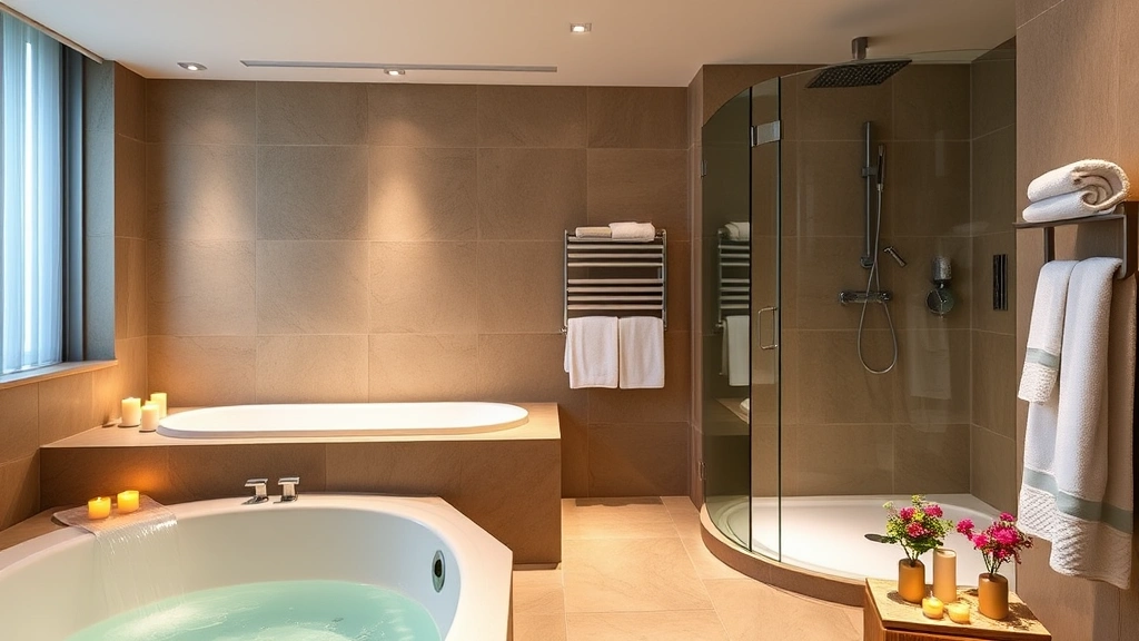 Spacious spa-style hotel bathroom featuring integrated jacuzzi tub, rainfall shower enclosure, heated towel racks, candles, fresh flowers, luxury toiletries displayed, minimalist contemporary design with natural stone and warm lighting