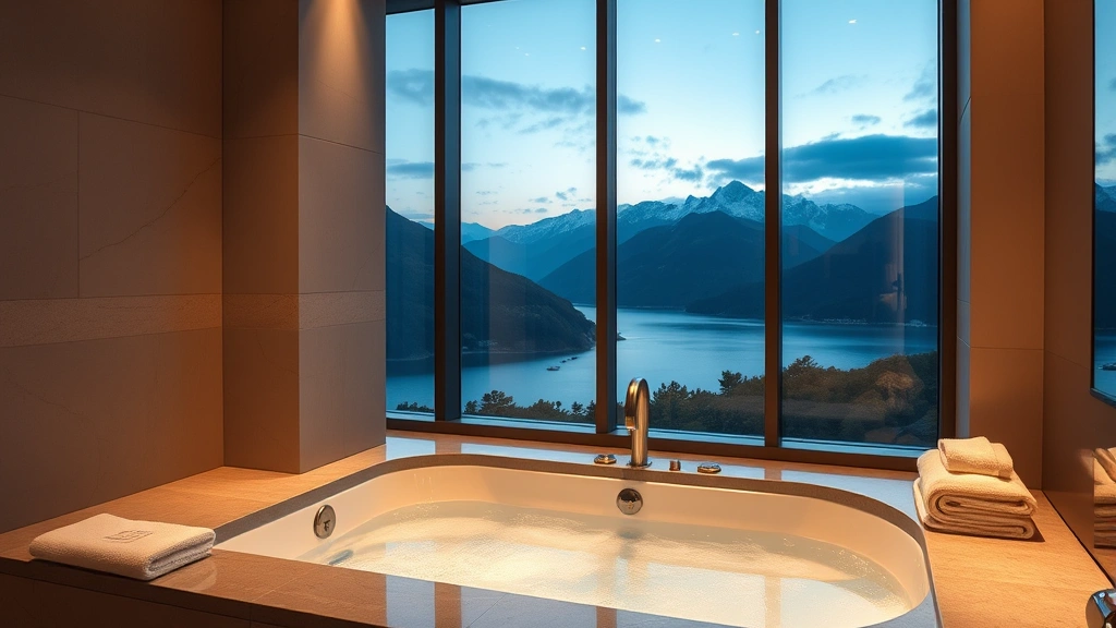 Modern luxury hotel bathroom with large soaking jacuzzi tub positioned near floor-to-ceiling windows overlooking mountain landscape, warm lighting reflecting off water, spa towels nearby