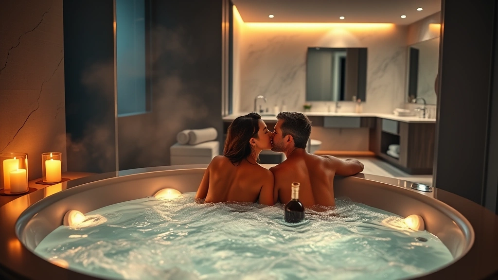 Romantic couple's jacuzzi suite interior showing contemporary design with lit jets, steam rising from warm water, ambient lighting, adjacent marble bathroom visible in background