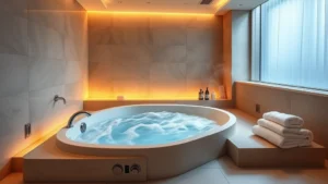 Luxurious modern bathroom with an elegant in-room jacuzzi tub featuring warm lighting, steam rising from water, plush towels nearby, contemporary tile work, spa-like atmosphere, no text or signage visible