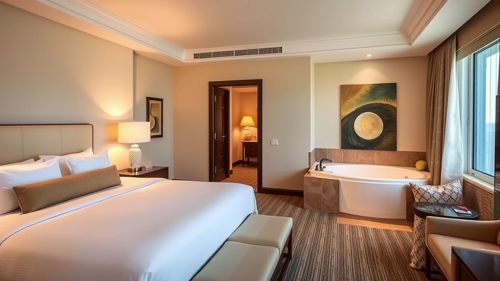 Upscale hotel suite showing spacious bedroom with premium bedding, adjoining spa area with jacuzzi tub visible through open doorway, soft ambient lighting, modern furnishings, vacation ambiance