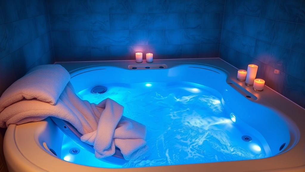 Serene in-room jacuzzi with chromotherapy lighting creating blue ambient glow, jets active with water movement, fluffy robes draped over chair, candles nearby, relaxation setting, photorealistic