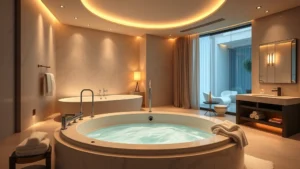 Luxurious modern bathroom with large in-room jacuzzi tub, warm ambient lighting, fluffy towels, spa setting, resort hotel interior, photorealistic, no text or signage