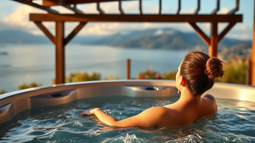 Person relaxing in outdoor heated jacuzzi with scenic mountain or ocean view in background, peaceful wellness moment, photorealistic, no text or signage