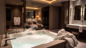 Modern hotel jacuzzi suite with steam rising from in-room hot tub, soft ambient lighting, plush white robes draped nearby, elegant bathroom fixtures, marble accents, and contemporary furnishings visible in background