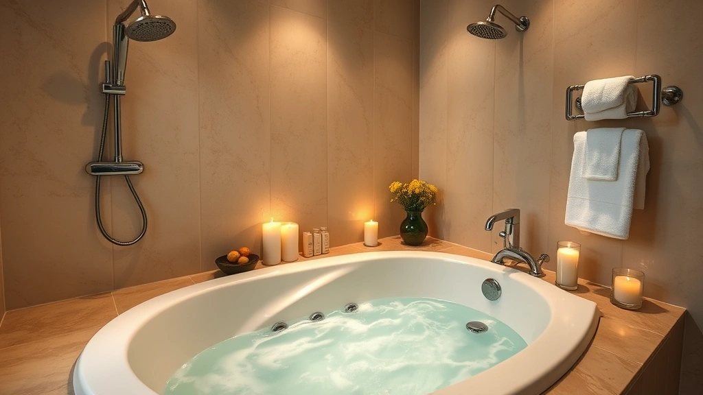 Upscale hotel jacuzzi bathroom suite with deep soaking tub with jet system, rainfall showerhead, heated towel rack, candles, premium toiletries, soft lighting, heated stone surfaces, and spa-like atmosphere