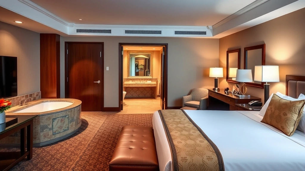 Spacious hotel suite bedroom with king bed, elegant furnishings, open doorway revealing luxurious jacuzzi bathroom in background, warm lighting throughout