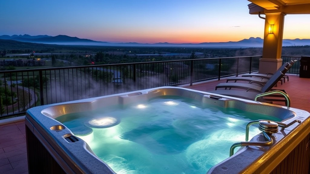 Upscale resort outdoor hot tub on private balcony overlooking landscape, steam rising from water, lounge chairs nearby, evening ambiance with soft lighting