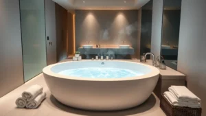 Luxury modern bathroom with large white jacuzzi tub filled with steaming water, soft ambient lighting, fluffy white towels nearby, minimalist hotel suite interior design