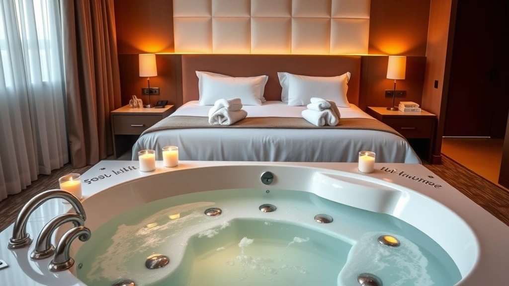 Spa-like hotel bedroom featuring a sunken jacuzzi tub with jets, decorative candles around the rim, plush white robes on the bed, contemporary upscale accommodation