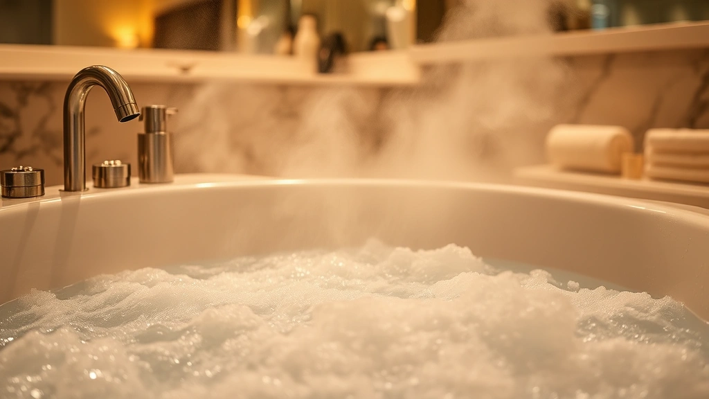 Close-up of luxury jacuzzi tub with functioning water jets creating bubbles, steam rising, warm lighting, premium hotel bathroom with marble accents and spa amenities