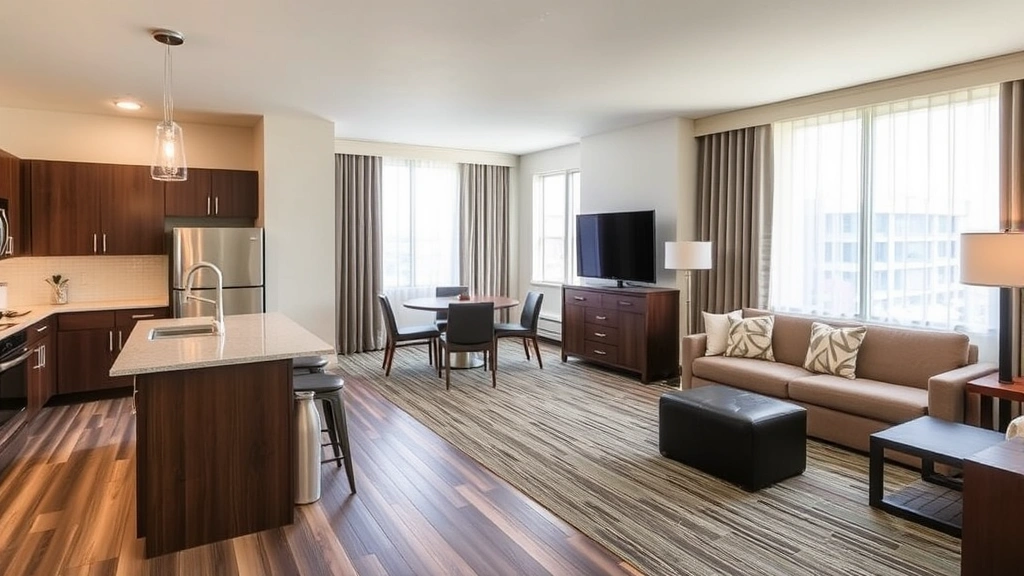 Spacious one-bedroom extended-stay hotel suite featuring full kitchen with island counter, separate living room with sofa, dining table, and large windows with natural light