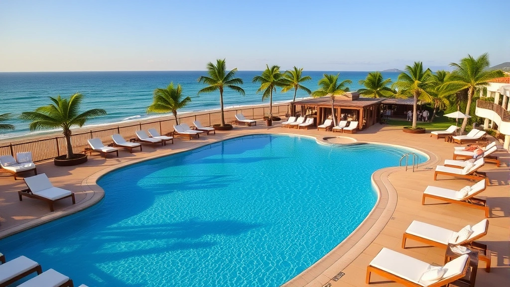 Luxurious resort-style swimming pool with crystal-clear turquoise water, surrounding lounge chairs with white cushions, palm trees, and guests relaxing on deck during daytime