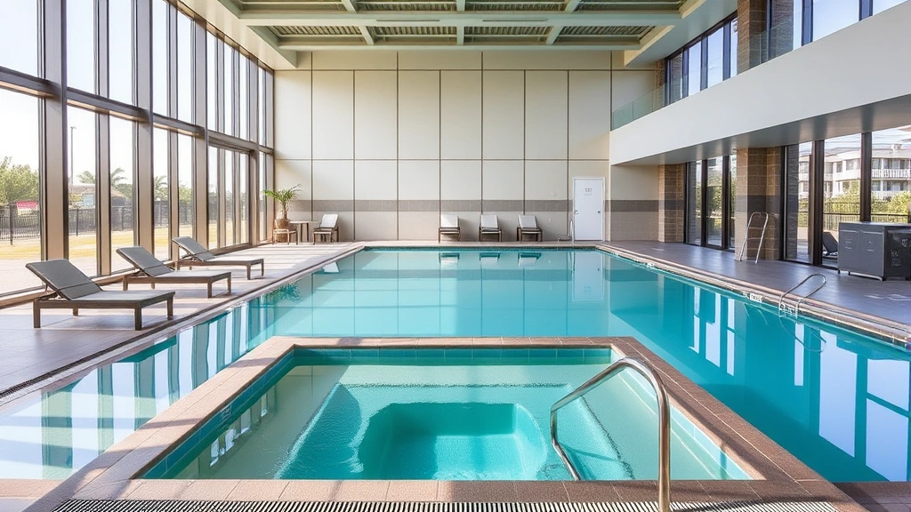 Modern hotel indoor heated pool facility with floor-to-ceiling windows, contemporary lounge seating, spa hot tub visible, clean tile work, and bright natural lighting